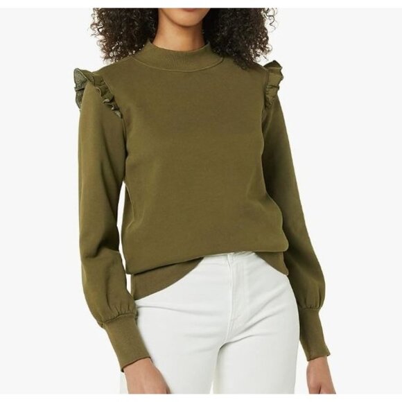 Goodthreads Women Heritage Fleece Long Sleeve Ruffle Shoulder Sweatshirt Olive M - Picture 11 of 11